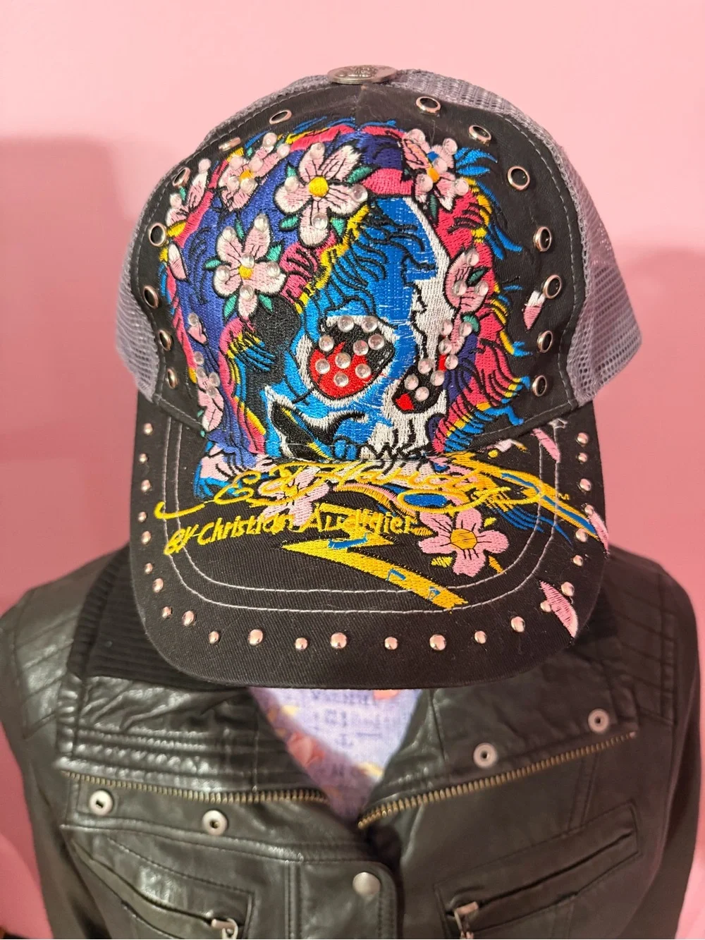 Vintage Ed Hardy Trucker Hat Mesh Skull Floral Graphic Print Rhinestone One Size